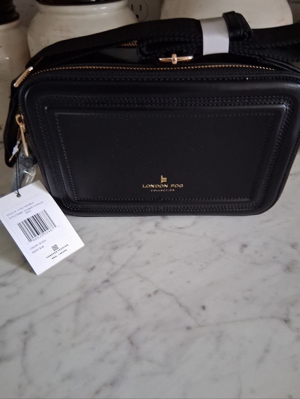 Nwts London Fog Black Faux Leather Crossbody  Bag with Gold Hardware